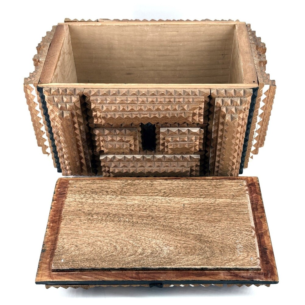 Tramp Art Jewelry Box With Heart Detail on Sides 10x6x7" - Picture 5 of 7